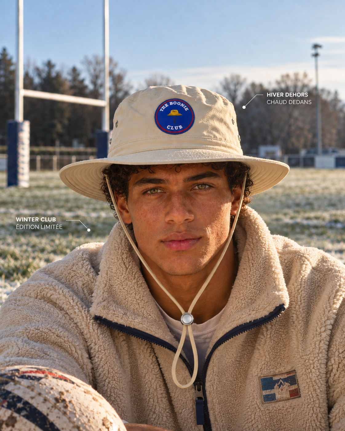 Bob boonie hiver Winter Original Beige doublé fourrure porté au bord d'un terrain de rugby – The Boonie Club