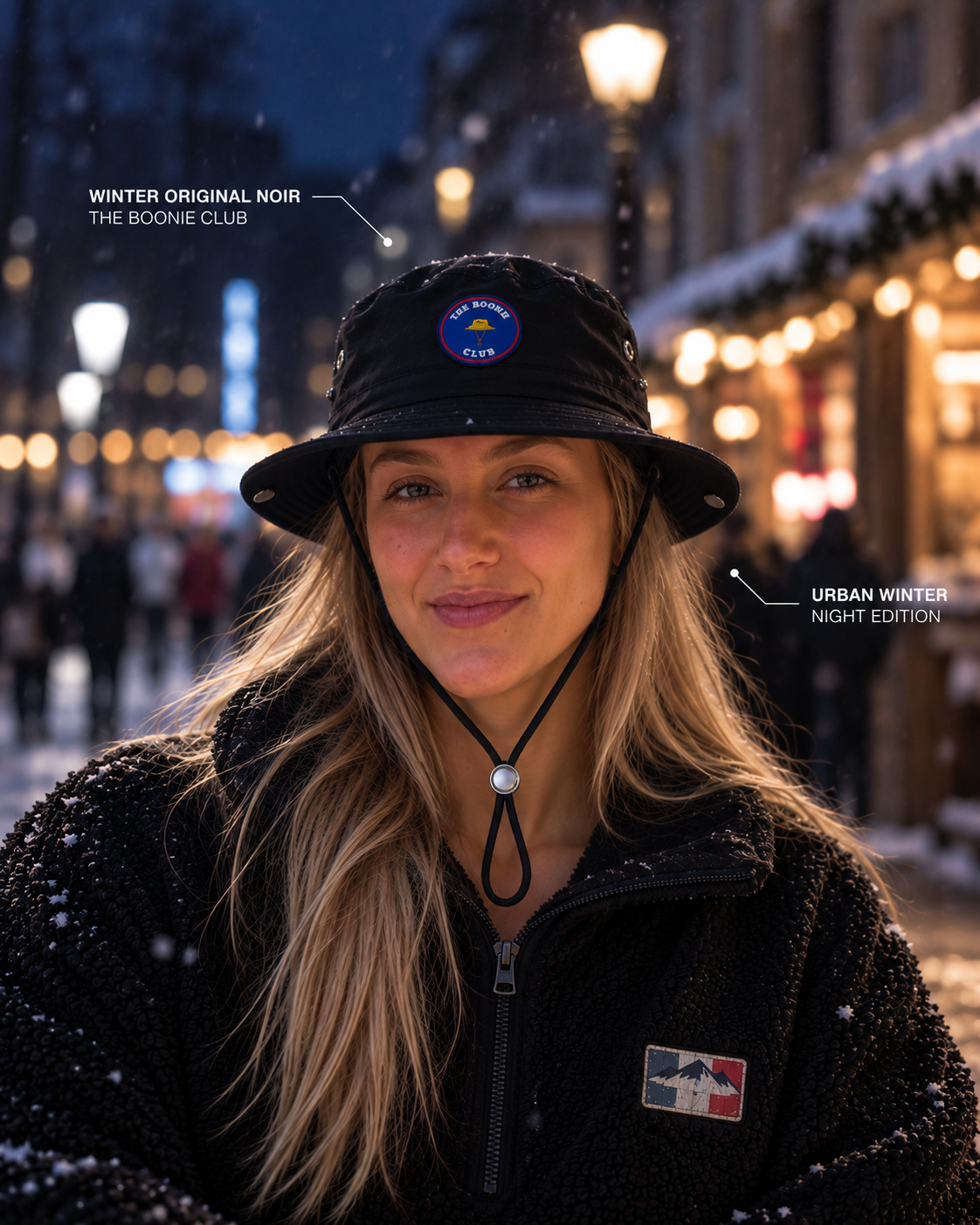 Bob boonie hiver Winter Original Noir doublé fourrure porté en ville de nuit – The Boonie Club