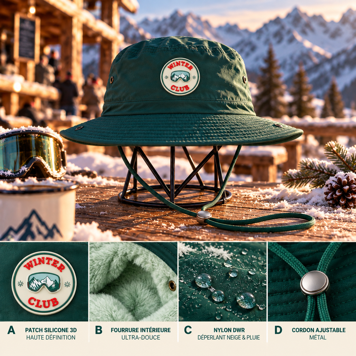 Bob boonie hiver Winter Club Vert : patch silicone 3D, fourrure intérieure, nylon déperlant, cordon ajustable – The Boonie Club