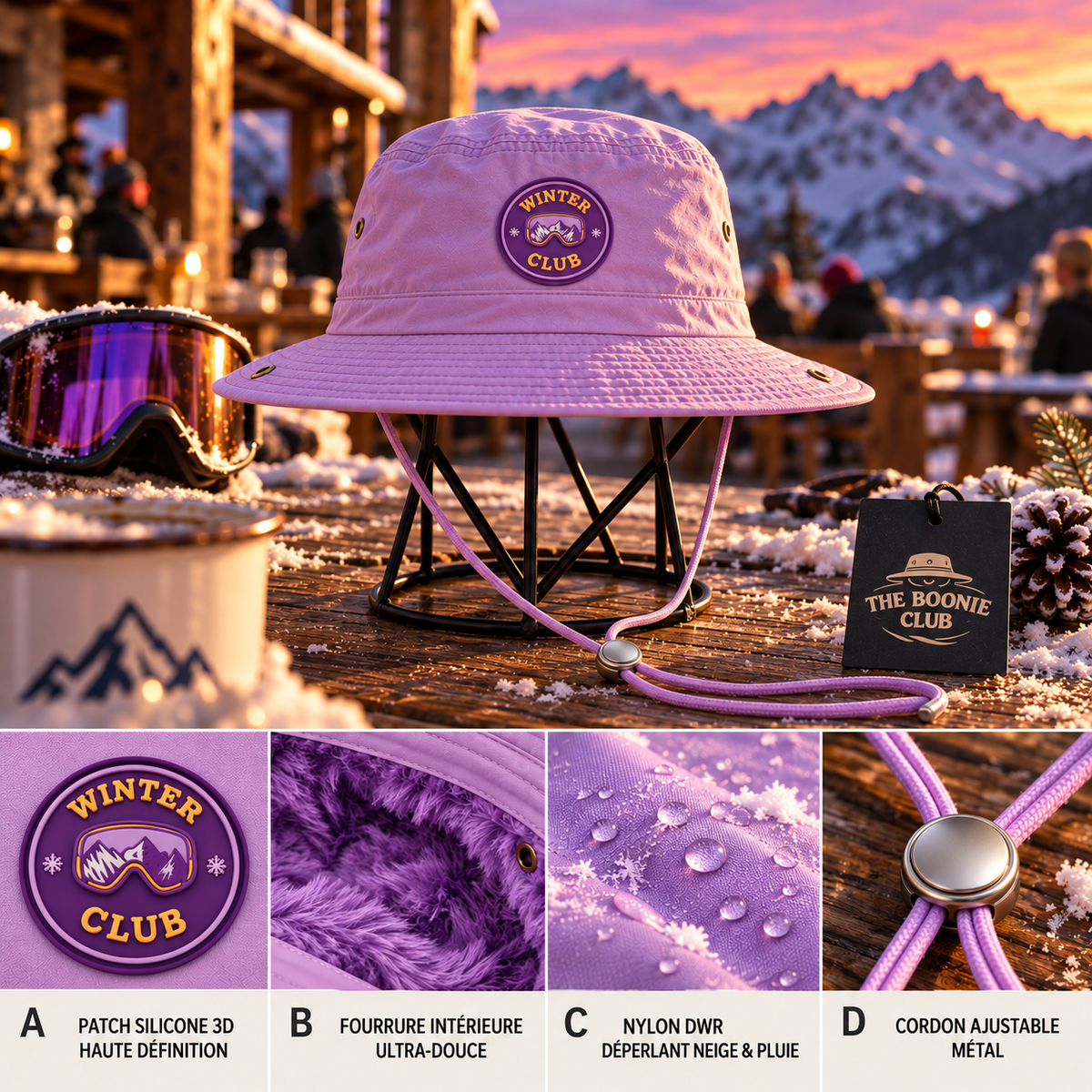 Bob boonie hiver Winter Club Violet : patch silicone 3D, fourrure intérieure, nylon déperlant, cordon ajustable – The Boonie Club