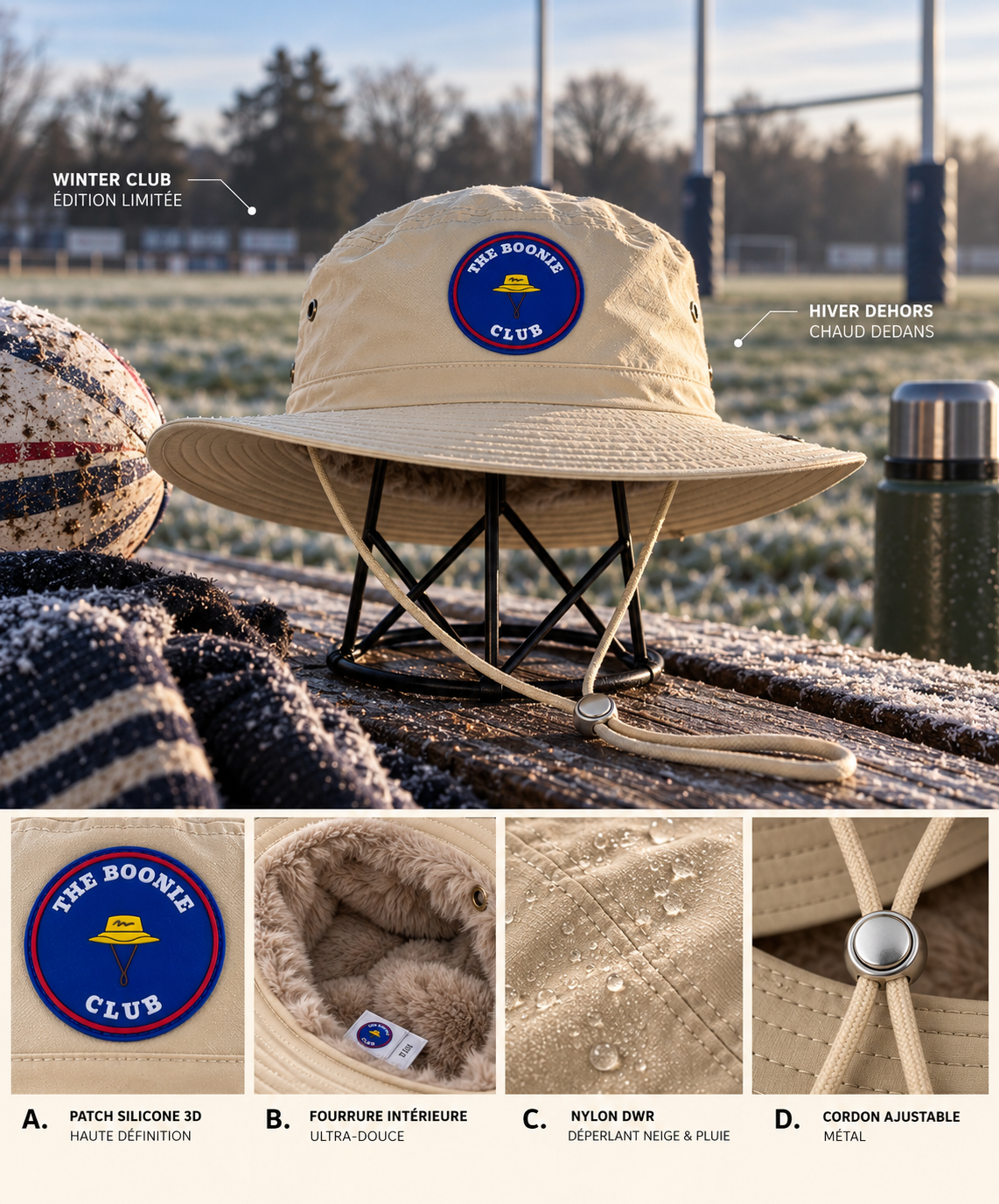 Bob boonie hiver Winter Original Beige : patch silicone 3D, fourrure intérieure, nylon déperlant, cordon ajustable – The Boonie Club