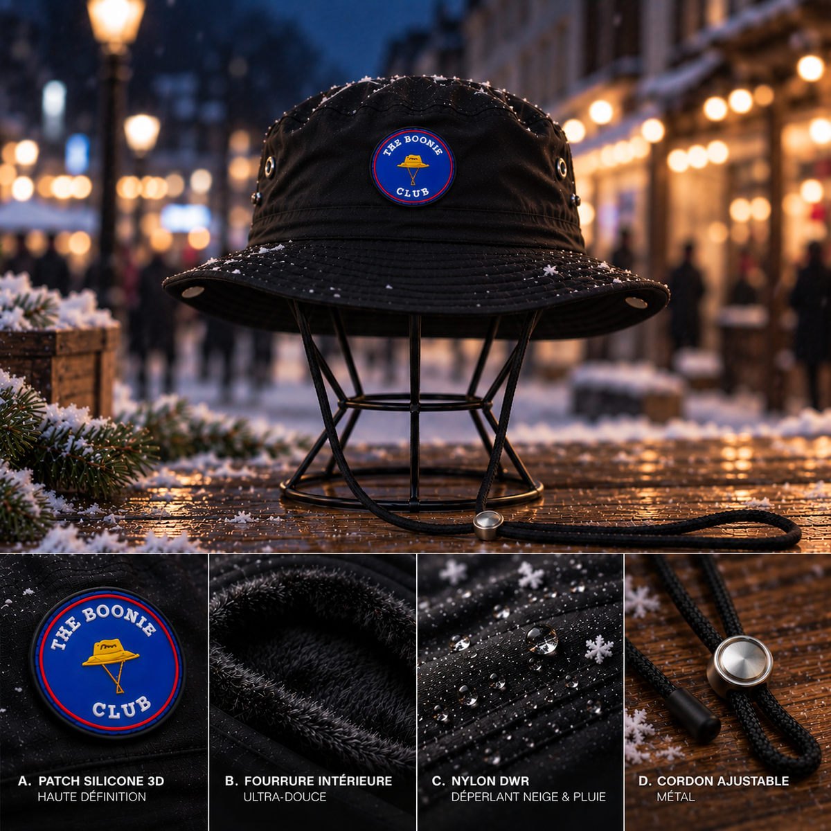 Bob boonie hiver Winter Original Noir : patch silicone 3D, fourrure intérieure, nylon déperlant, cordon ajustable – The Boonie Club